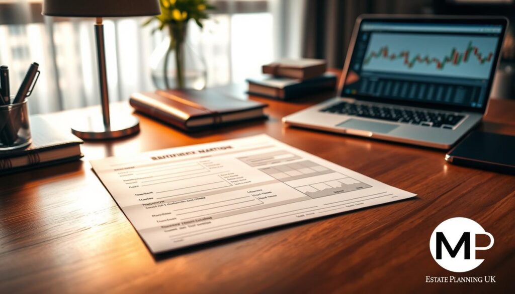A detailed SIPP beneficiary nomination form placed on a smooth wooden desk, surrounded by elegant office supplies such as a neatly organized pen holder, a leather-bound notebook, and a laptop displaying financial graphs. In the foreground, the focus is on the form, with sections clearly delineated for names, relationships, and percentage allocations. Soft evening light filters through a nearby window, casting gentle shadows, creating a warm, professional atmosphere. The background features blurred, tasteful decor of an upscale office, implying a sense of trust and reliability. The logo "MP Estate Planning UK" subtly appears in the corner of the form, enhancing the professional look. The overall mood should convey clarity and organization, aligning with the theme of avoiding common mistakes in beneficiary nominations.