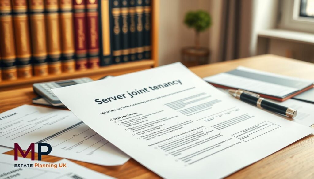 A detailed UK sever joint tenancy form displayed prominently on a wooden desk covered with various estate planning documents. The form, printed in clear, professional font, lies open beside a modern pen and a smartphone displaying a financial calculator app. In the background, a well-organized bracket system visually represents the concept of joint tenancy and severance, while a soft-focus bookshelf filled with legal books creates a professional atmosphere. Warm, natural light filters through a nearby window, casting a gentle glow across the scene, highlighting the intricate details of the document. The overall mood is focused and productive, emphasizing clarity and professionalism. Include a subtle branding element featuring "MP Estate Planning UK" in the bottom corner of the image.