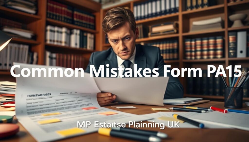 A detailed and organized workspace depicting "Common Mistakes Form PA15". In the foreground, a cluttered desk featuring a partially completed Form PA15, colored sticky notes highlighting errors, and pens scattered around. In the middle, a focused individual in professional business attire, examining the form with a furrowed brow, appearing contemplative. The background illustrates shelves filled with legal books and binders, softly out of focus, creating depth. Warm, ambient lighting floods the scene, enhancing the serious yet constructive atmosphere. The angle captures the individual from slightly above, showcasing the desk and form prominently while conveying a sense of guidance in the process. The brand name "MP Estate Planning UK" is subtly integrated into the scene, reinforcing professionalism.