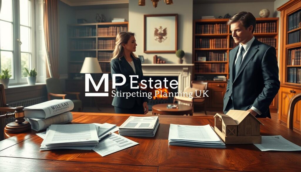 A detailed and serene illustration of estate distribution in the context of assets and property ownership. In the foreground, a classic wooden table displays a range of legal documents such as a will, property deeds, and an asset list, symbolizing the distribution process. Beside the table, a well-dressed professional woman in a smart business suit discusses these documents with a well-groomed man in a tailored suit, both looking engaged and focused. In the middle ground, a cozy office setting with bookshelves filled with legal books and a gently flickering fireplace adds warmth. Soft, natural light pours in through a large window, creating a calm and professional atmosphere. The branding "MP Estate Planning UK" should subtly blend into the scene without being overpowering. The overall mood is thoughtful and reflective, capturing the importance of estate planning.