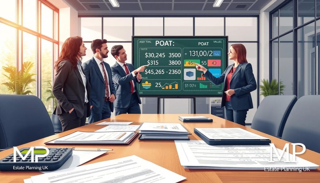 A detailed illustration depicting a Pre-Owned Asset Tax (POAT) calculation example in a professional business setting. In the foreground, showcase a neatly arranged desk with financial documents and a calculator, emphasizing clarity in numbers and tax calculations. In the middle ground, include a diverse group of professionals—two men and two women—dressed in smart business attire, engaged in discussion, pointing at a large digital display showing POAT figures and graphics representing asset values. The background features a modern office environment with large windows, allowing natural light to flood the space, creating an atmosphere of focus and professionalism. Consider a slight depth of field effect to draw attention to the figures on the digital display. Incorporate branding elements for "MP Estate Planning UK" subtly into the scene, ensuring a cohesive and informative visual representation without any text.