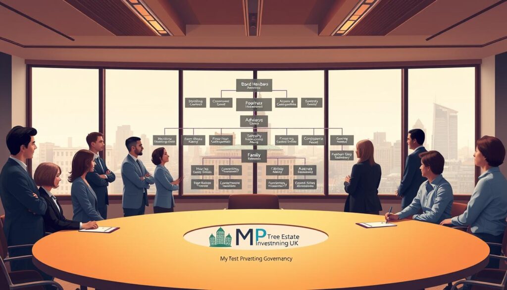 A detailed illustration of a Family Investment Company Governance Structure, set in a modern, well-lit office environment. In the foreground, a large, circular conference table with diverse professionals in business attire engaged in a discussion. The middle ground features an elegant digital chart displaying the governance structure, with hierarchical levels indicating board members, advisors, and family stakeholders. The background features large windows allowing natural light, showcasing a city skyline. The atmosphere is collaborative and professional, emphasizing strategic planning and family heritage management. Use warm lighting to create an inviting yet formal mood. Include a subtle branding element for "MP Estate Planning UK" integrated into the design, ensuring no text is visible, only the visual representation of governance and management dynamics.