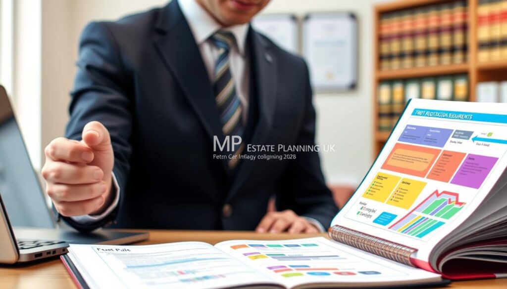 A detailed illustration representing the process of trust registration requirements in the UK. In the foreground, a professional individual in smart business attire is examining documents and a laptop showing a digital checklist related to trust registration. The middle ground features an open file or binder displaying colorful graphs and flowcharts that represent the steps and requirements for registering a trust. In the background, a blurred office setting suggests a legal or financial environment, with shelves of law books and certificates hanging on the wall. Soft, natural lighting illuminates the scene, creating a professional and focused atmosphere. The branding "MP Estate Planning UK" should subtly appear in the background without being prominent or distracting. The image should convey clarity, responsibility, and adherence to legal obligations, aligning with the concept of trust registration.