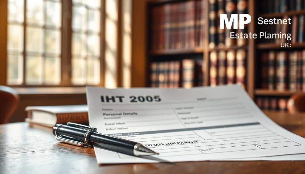 A detailed representation of the IHT205 form from the UK, elegantly displayed on a wooden desk. In the foreground, the IHT205 form should be prominent, showcasing its clear lines and structured layout, with visible sections for 'Personal Details' and 'Estate Information'. In the middle ground, include a sleek black pen poised next to the form, reflecting professionalism. The background features a softly blurred library filled with leather-bound books, creating a scholarly atmosphere. Warm, natural light filters through a nearby window, casting gentle shadows that enhance the image’s depth. The scene conveys an organized, calm mood, ideal for professionals navigating probate processes, branded subtly with “MP Estate Planning UK” in the upper corner.