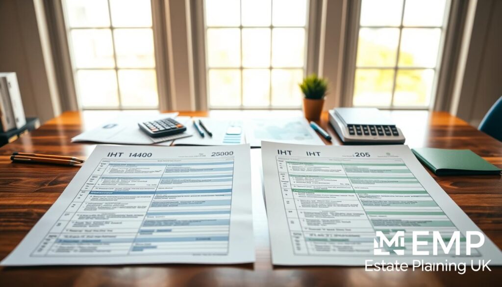 A detailed side-by-side comparison of UK tax forms, IHT400 and IHT205, set on a polished wooden desk. In the foreground, the forms are displayed prominently, each with distinct colors and format: IHT400 in blue and IHT205 in green, clearly showcasing their unique sections. In the middle ground, neatly arranged office supplies such as pens, a calculator, and financial documents create a professional ambiance. The background features a softly lit window, providing natural daylight that casts gentle shadows, enhancing the focus on the forms. The overall mood is informative and corporate, representing the importance of accurate estate planning. Include the logo of "MP Estate Planning UK" subtly in the bottom right corner, ensuring no text overlays disrupt the visual.