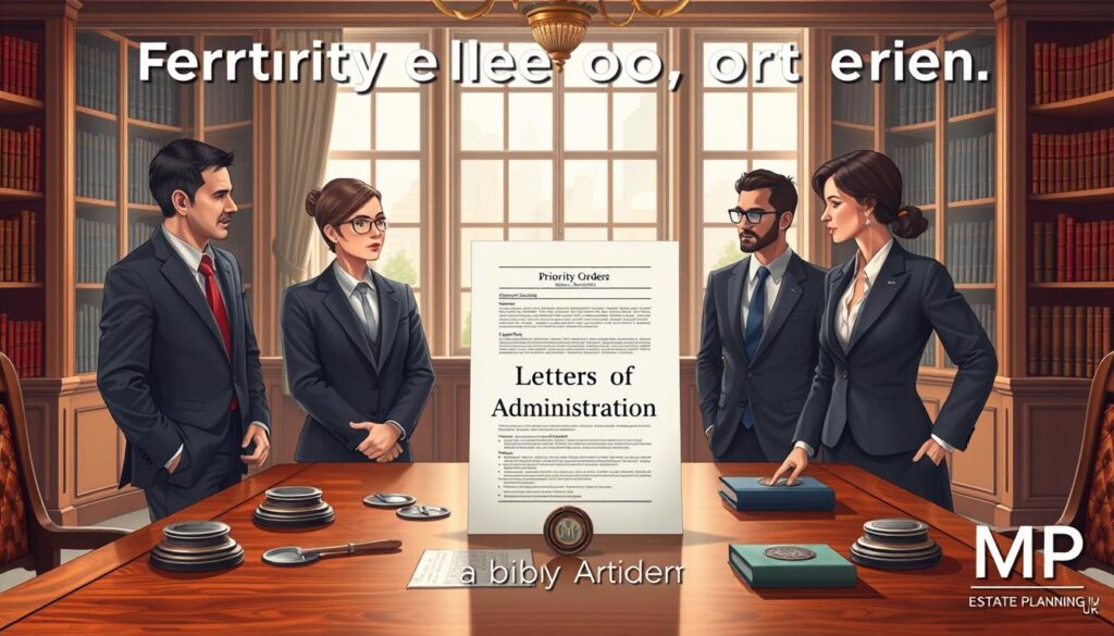 A detailed, visually engaging illustration depicting the concept of the priority order for granting Letters of Administration in the UK. The foreground features a diverse group of four professional individuals dressed in business attire, each representing different priority positions, engaged in a thoughtful discussion. In the middle ground, a symbolic representation of a legal document, labeled "Letters of Administration," is prominently displayed on a polished wooden table, surrounded by seals and legal books. The background showcases an elegant office setting with shelves filled with legal texts and a window allowing natural light to filter in, creating a warm and inviting atmosphere. The mood is serious yet collaborative, reflecting the importance of understanding estate planning and legal processes. Include the brand name "MP Estate Planning UK" subtly in the design elements.