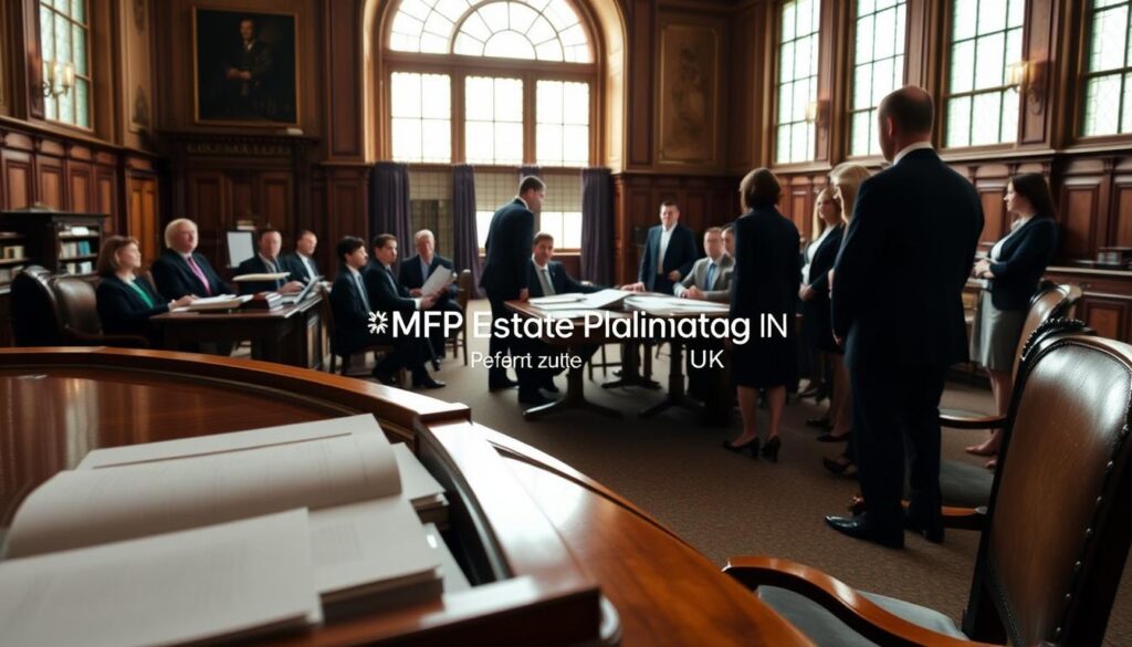 A dignified courtroom scene depicting the Court of Protection in the UK. In the foreground, a polished wooden judge's bench adorned with legal books and papers, capturing the essence of a formal legal environment. In the middle ground, a diverse group of professionals in business attire, including a judge, lawyers, and support staff, engaged in a serious discussion around a conference table piled with legal documents. The background features a grand window allowing soft, natural light to flood the room, illuminating the intricate architectural details of the courtroom. The atmosphere is serious and respectful, emphasizing the importance of law and protection. Subtly incorporate the brand name "MP Estate Planning UK" in a professional manner, ensuring it seamlessly blends with the environment, without any visible text.