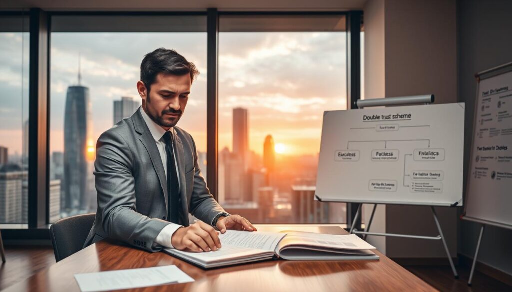 A dual-themed image representing the concept of the "double trust scheme legality" in the UK. In the foreground, a confident and professional businessman and businesswoman, both in formal attire, discussing a set of legal documents on a modern office table, illuminated by warm, soft lighting. In the middle background, a large window reveals a contemporary cityscape, symbolizing the financial district of the UK, with the sun setting, casting an orange glow. To the side, a whiteboard features a flowchart illustrating success and failure case studies, subtly including branded elements from "MP Estate Planning UK". The overall atmosphere is focused and professional, conveying a sense of serious deliberation about financial legality. Use a wide-angle lens to capture both subjects and the expansive office environment.