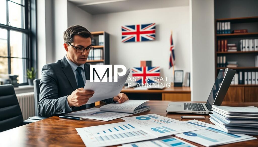 A dynamic office workspace showcasing the UK tax implications of investing in AIM shares. In the foreground, a focused business professional in business attire analyzes financial documents, with graphs and charts highlighting tax benefits and risks spread out on a polished wooden desk. The middle section features a large window with soft natural light illuminating neat stacks of documents and a laptop displaying financial software. The background displays a shelf filled with financial books and a UK flag subtly placed, symbolizing the context. The atmosphere is serious and contemplative, emphasizing the analytical nature of the subject. The overall mood is professional yet approachable, conveying the importance of informed investment decisions. Incorporate the brand name "MP Estate Planning UK" subtly into the scene, ensuring it blends with the professional setting.