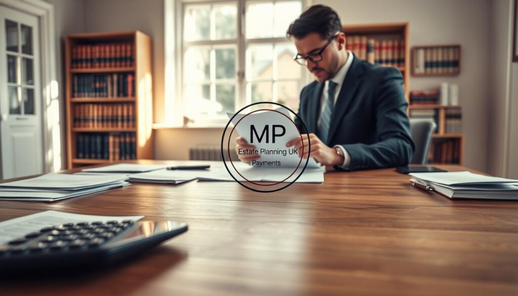 A focused scene depicting a professional setting for HMRC inheritance tax payments, featuring a large wooden desk in the foreground with neatly organized papers and a calculator. In the middle ground, a well-dressed individual in business attire is reviewing financial documents thoughtfully, embodying the importance of timely payments. The background shows a softly lit office with bookshelves containing law and finance books, creating a serious yet hopeful atmosphere. Natural light filters through a large window, casting gentle shadows across the desk, emphasizing the financial themes. An emblem of "MP Estate Planning UK" is subtly incorporated into the scene as a decorative element on the desk, enhancing the professional tone without distraction. The composition strikes a balance between urgency and responsibility, illustrating the significance of timely tax payments gracefully.