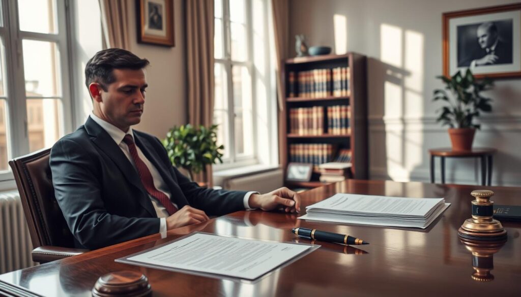 A formal setting depicting the executor renunciation process in the UK using Form PA15. In the foreground, a well-dressed individual in professional attire, reflecting a serious and contemplative mood, is seated at a polished wooden desk filled with legal documents, a completed Form PA15, and an ink pen. The middle ground features a bookshelf stacked with legal texts and a potted plant, creating a professional yet inviting atmosphere. In the background, a large window allows soft, natural light to filter in, casting gentle shadows and lending warmth to the room. Subtly include the branding of "MP Estate Planning UK" in the decor, such as a logo on a document or artwork on the wall. The scene should convey the gravity of the renunciation process while maintaining a sense of professionalism and clarity.