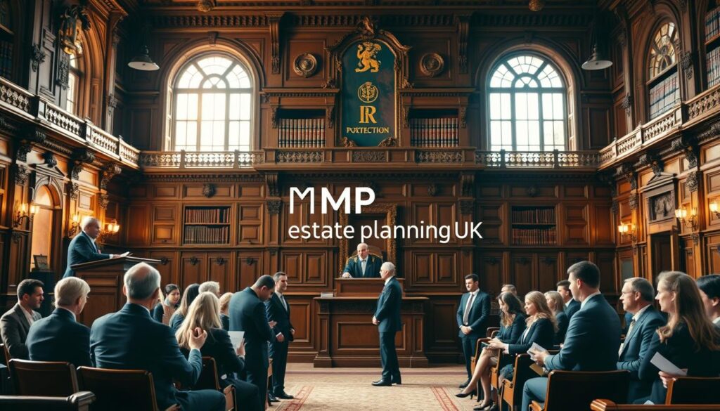 A grand courtroom setting in the UK Court of Protection, showcasing a judge wearing traditional robes sitting at an elevated bench, with a gavel in hand. In the foreground, a diverse group of legal professionals in professional business attire, attentively discussing. The middle ground features a spacious, ornate wooden courtroom with intricate architectural details, such as arched windows and elegant wood paneling, bathed in warm, natural light streaming through the windows. In the background, shelves lined with legal books and documents emphasize the serious nature of judicial proceedings. The atmosphere is formal and respectful, conveying the importance of legal decisions for vulnerable individuals. The brand name "MP Estate Planning UK" subtly incorporated in the scene.