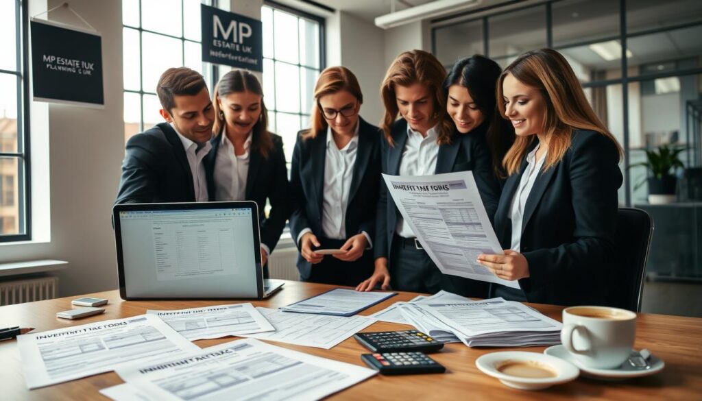 A modern office environment focused on the inheritance tax forms submission process, featuring a neatly organized desk with various UK tax forms, including IHT400 and IHT205 visible. In the foreground, a diverse group of three professionals in smart business attire examine the forms together, looking engaged and collaborative. The middle ground showcases a laptop open with a spreadsheet displayed, along with a calculator and a cup of coffee, emphasizing a productive atmosphere. The background displays a large window bringing in natural light, casting a warm glow over the scene. The overall mood is focused and professional, depicting diligence in financial planning. Include details like MP Estate Planning UK visible on a hanging sign or document.