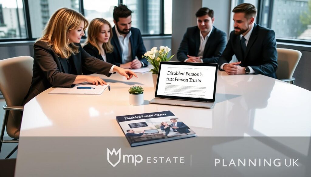 A modern office setting with a diverse group of professionals gathered around a sleek conference table. In the foreground, a middle-aged woman in professional attire is pointing at a laptop displaying legal documents related to a Disabled Person’s Trust, while a young man in smart casual clothing takes notes. The middle of the image features a printed brochure about Disabled Person’s Trusts, neatly arranged alongside a potted plant. In the background, large windows let in soft, natural light, illuminating the space and creating a warm, collaborative atmosphere. The overall mood is focused and supportive, conveying a sense of trust and guidance in financial planning. The logo "MP Estate Planning UK" subtly incorporated in the scene.