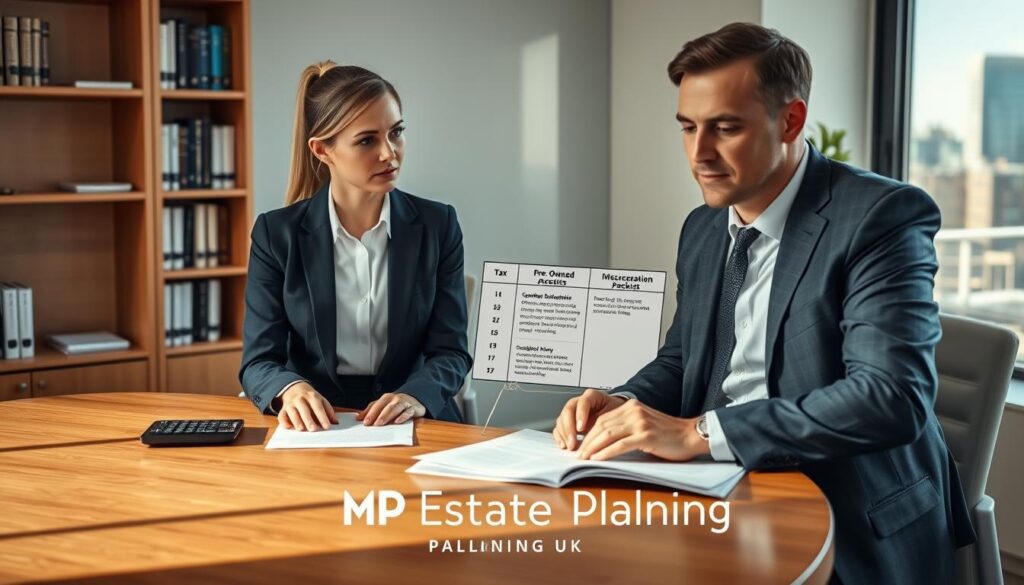 A modern office setting with a female financial advisor and a male client discussing tax implications of gifting assets, showcasing the Pre-Owned Asset Tax (POAT). The foreground features a polished wooden table with financial documents and a calculator. In the middle, the client looks inquisitive, dressed in smart casual attire, while the advisor, wearing professional business attire, points to a chart illustrating common misconceptions about POAT. The background includes shelves filled with finance books and a window revealing a cityscape. Soft, natural light spills in, creating a warm, inviting atmosphere. The logo "MP Estate Planning UK" subtly integrated into the scene design.