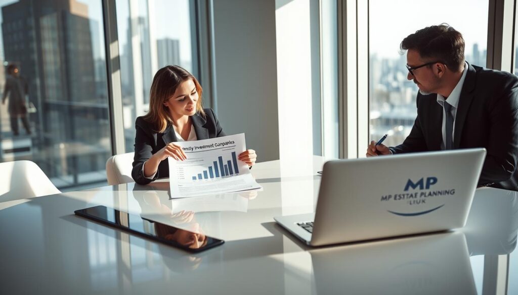 A modern office setting with a glossy conference table at the forefront, where two professionals in smart business attire (a man and a woman) discuss documents related to Family Investment Companies. The woman points to a financial chart displaying tax implications, while the man attentively listens, holding a pen ready to write. In the background, large windows illuminate the scene with natural light, while a cityscape is visible outside. Soft shadows enhance the professionalism of the environment. A sleek laptop with the logo "MP Estate Planning UK" is positioned on the table, conveying a contemporary and upscale atmosphere. The mood is focused and serious, emphasizing the importance of financial planning.