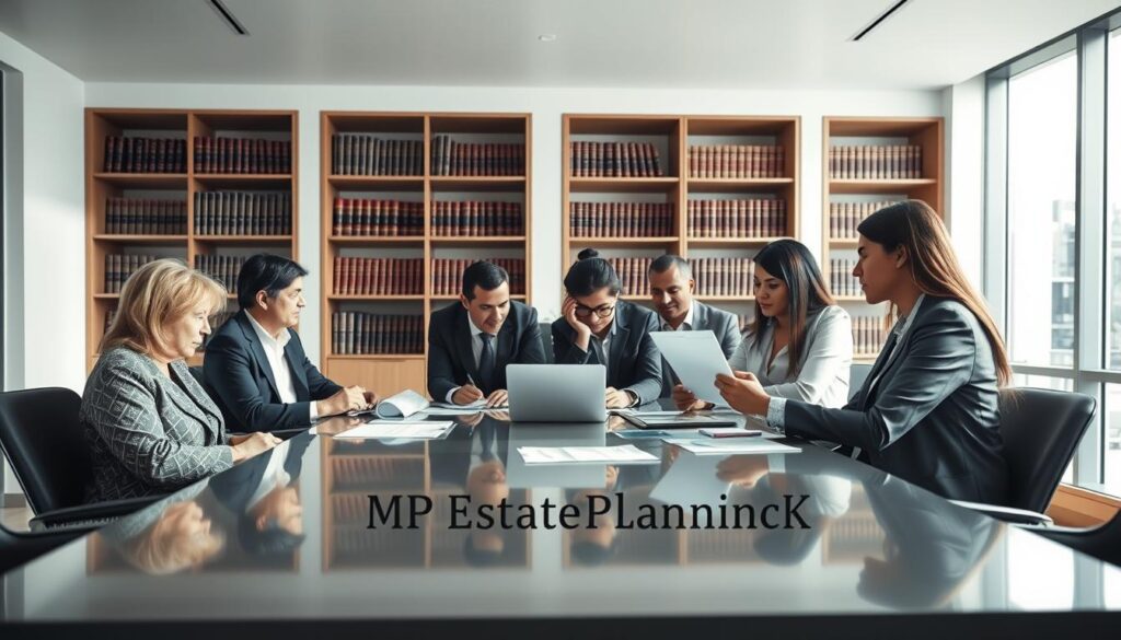 A modern office space showcasing the setup of a Family Investment Company. In the foreground, a sleek conference table with diverse individuals in professional attire discussing financial documents and a laptop. The people should represent various age groups and ethnic backgrounds, highlighting collaboration. In the middle ground, elegant bookcases filled with law and finance books. The background features large windows with natural light pouring in, illuminating the room, creating a warm atmosphere. Soft shadows enhance the room's professionalism, and a subtle focus on the participants conveys engagement. A tasteful logo of "MP Estate Planning UK" is subtly incorporated into the design elements of the room, without any explicit text. The setting suggests a forward-thinking approach to investment and inheritance strategy.