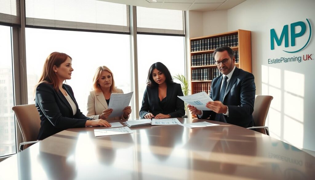 A polished office environment depicting a professional discussion about intestacy and statutory legacy amounts in the UK. In the foreground, a diverse group of three individuals—two women and one man—are seated around a sleek conference table, dressed in smart business attire, reviewing official documents and charts related to inheritance laws. The middle ground features a large window allowing soft, natural light to flow in, casting gentle shadows that enhance the focus on the participants. The background includes a well-organized bookshelf filled with legal books and a logo with the brand name "MP Estate Planning UK" prominently displayed on a wall. The mood is serious yet collaborative, reflecting the importance of understanding recent changes in inheritance laws for families.
