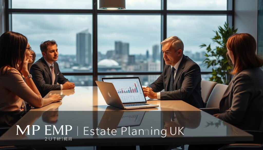 A professional EPT specialist based in the UK, sitting at a sleek, modern conference table, with an open laptop displaying financial graphs. The specialist, a middle-aged individual in a tailored suit, is actively engaged in discussion with a diverse group of clients, who are thoughtfully listening. In the background, large windows provide natural light, revealing a city skyline, creating a vibrant and professional atmosphere. Soft, warm lighting enhances a sense of trust and collaboration. An elegant plant sits in the corner, adding a touch of greenery. Subtle branding for "MP Estate Planning UK" is elegantly integrated into the design of the workspace, emphasizing a high-end, corporate feel.