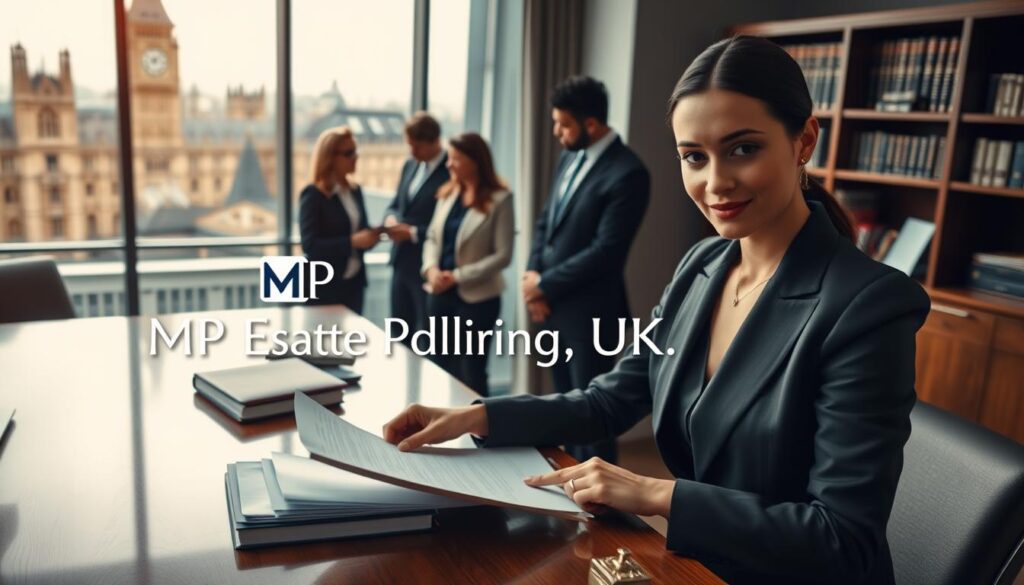 A professional UK legal setting that showcases the concept of "Replacement Attorney". In the foreground, a confident and approachable female attorney, dressed in a sharp business suit, is reviewing legal documents on a polished wooden desk. She has a focused expression, indicating her attentiveness to detail. In the middle ground, a diverse group of professionals, also in business attire, are engaged in discussion, hinting at collaboration. Soft lighting captures the warm atmosphere of a law office, with a large window in the background revealing a view of iconic UK architecture, such as the Houses of Parliament. The overall mood is one of professionalism and trust. Incorporate the brand name "MP Estate Planning UK" subtly within the office decor, like a framed certificate or legal book.