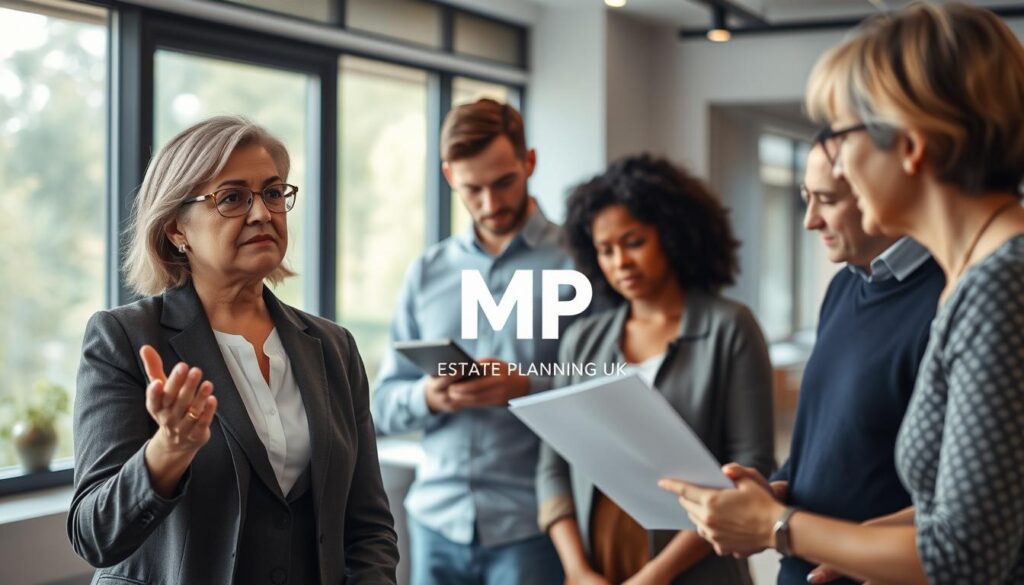 A professional and compassionate office scene where a diverse group of adults are engaged in a discussion about safeguarding vulnerable individuals. In the foreground, a middle-aged woman in business attire gestures thoughtfully while holding a document, symbolizing the role of the Office of the Public Guardian (OPG). In the middle, a young man in smart casual clothing takes notes, clearly attentive. The background features a modern, brightly lit office with large windows showing a view of a serene garden, conveying a sense of safety and support. Soft, natural lighting enhances the warm colors of the setting. The mood is focused and collaborative, illustrating the importance of safeguarding vulnerable adults in the UK. The logo of "MP Estate Planning UK" is subtly incorporated into the office environment.