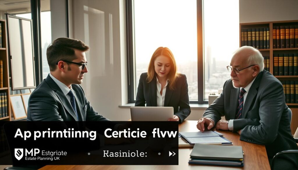 A professional and detailed scene depicting the process of appointing a Certificate Provider. In the foreground, a diverse group of three professionals (a middle-aged man, a young woman, and a senior individual) in smart business attire are engaged in a serious discussion around a table, with papers and a laptop open in front of them. In the middle ground, a large window shows a bustling city skyline, indicating a corporate setting, while a subtle sunlight filters through, casting warm tones and soft shadows. The background includes a bookshelf filled with legal books and certification documents, emphasizing the themes of professionalism and trust. The overall atmosphere is collaborative and focused, enhancing the importance of the appointment process. Include the brand name "MP Estate Planning UK" subtly integrated into the scene.