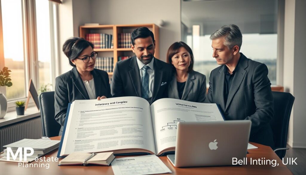 A professional and informative scene depicting the "UK intestacy rules for unmarried couples". In the foreground, show a diverse group of three people in modest business attire, engaged in a discussion around a table filled with legal documents and a laptop, symbolizing collaboration. In the middle, include a large, open book displaying a visual representation of the intestacy rules, along with a family tree illustration highlighting unmarried couples. The background should be a softly lit office with shelves of legal books and a window showing a serene outdoor view, creating an atmosphere of seriousness and professionalism. Use a warm color palette to convey a sense of hope and clarity. The image should prominently feature the brand name "MP Estate Planning UK" subtly integrated into the scene, ensuring it remains professional and relevant.