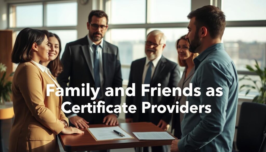 A professional and informative scene illustrating "Family and Friends as Certificate Providers." In the foreground, a diverse group of three individuals (two men and one woman) standing together, dressed in business attire, engaged in a discussion. Their expressions are focused and friendly, embodying trust and connection. The middle layer features a well-organized table displaying official documents as well as a pen. In the background, a modern office setting with large windows that let in natural light, casting soft shadows across the room. A subtle, warm color palette creates an inviting atmosphere. The brand name "MP Estate Planning UK" should be subtly integrated into the scene, perhaps on a document on the table.