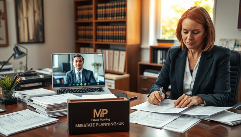 A professional and inviting office space, featuring a wooden desk cluttered with essential paperwork highlighting "Lasting Power of Attorney" forms. In the foreground, a middle-aged professional woman in smart business attire reviews documents, looking focused and confident. In the middle ground, a laptop displays a video call with a legal expert, emphasizing the theme of seeking professional assistance. The background shows shelves filled with law books and a window revealing a sunny garden, symbolizing clarity and hope. Soft, natural light streams in, creating an encouraging atmosphere. The brand logo "MP Estate Planning UK" is subtly incorporated into the desk accessories.