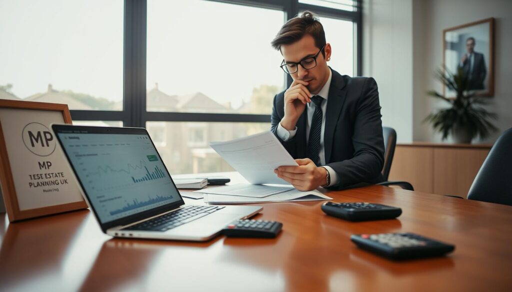 A professional and inviting office space representing HMRC’s Direct Payment Scheme focused on paying Inheritance Tax in the UK. In the foreground, a polished wooden desk displays a laptop with a financial dashboard open, alongside neatly arranged documents and a calculator. To the side, a framed logo of “MP Estate Planning UK” adds a branded touch. In the middle, a focused professional wearing business attire reviews paperwork, with a thoughtful expression, suggesting diligence in financial planning. The background features a large window showing a sunny day with soft natural light filtering in, creating a warm and welcoming atmosphere. The image captures a sense of responsibility, clarity, and professionalism, with an emphasis on financial security and planning.