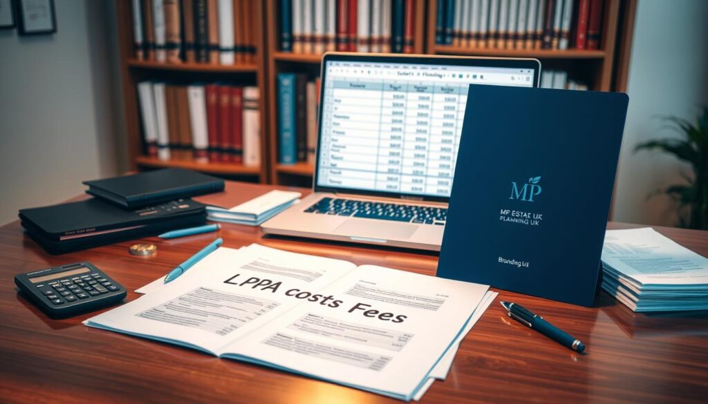 A professional and organized workspace showcasing the concept of LPA costs and fees. In the foreground, a polished wooden desk with an open document titled "LPA Costs and Fees" prominently displayed, surrounded by financial tools like a calculator, a pen, and neat stacks of invoices. The middle ground features a laptop open to a spreadsheet detailing various fees associated with setting up an LPA, illuminated by soft, warm lighting that creates an inviting atmosphere. In the background, a bookcase lined with law and finance books, subtly hinting at professional expertise. The setting should convey focus and clarity, emphasizing a sense of professionalism and reliability, with the brand "MP Estate Planning UK" subtly referenced through a logo on a branding folder placed on the desk.