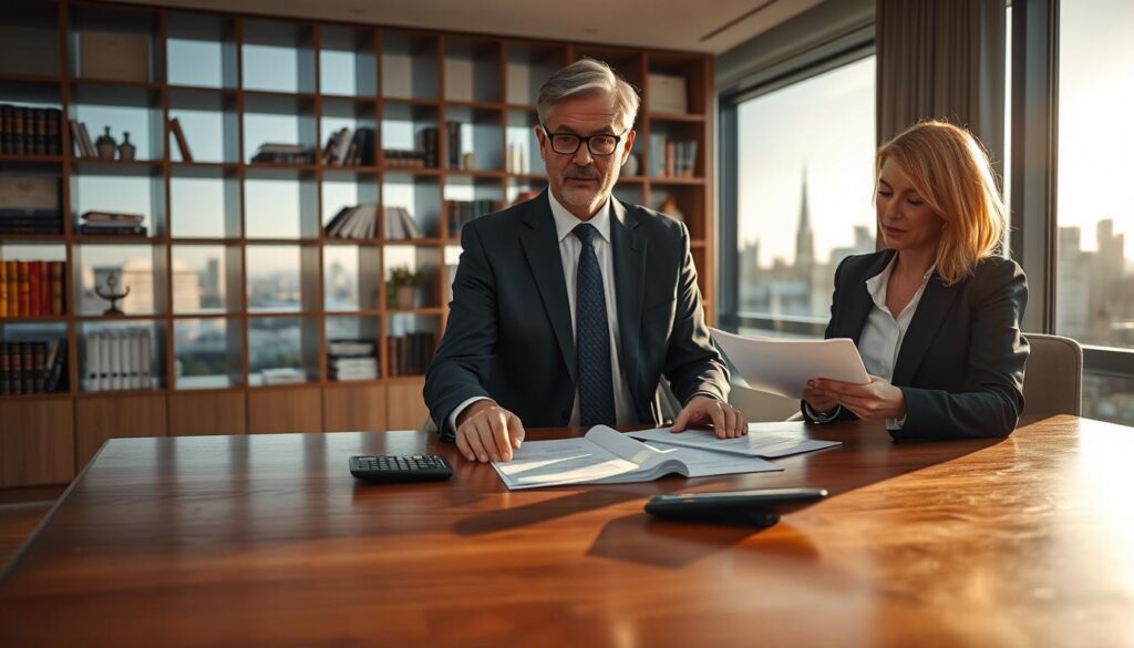 A professional and serene office setting, meticulously arranged with a polished wooden desk in the foreground, showcasing financial documents and a calculator. A confident middle-aged man in a tailored suit, with short hair and glasses, is engaged in discussion with a middle-aged woman in business attire, who is thoughtfully reviewing papers. In the background, a large window reveals a picturesque view of London's skyline, bathed in soft late afternoon light, casting gentle shadows on the room. A modern bookshelf filled with legal tomes and financial planning guides is visible behind them. The atmosphere conveys professionalism and a strong sense of astute financial strategy, representing "MP Estate Planning UK". The overall lighting is warm, creating an inviting yet serious ambience.