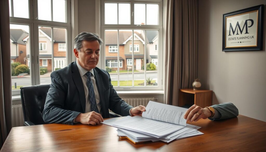 A professional and serious scene depicting an executor engaged in a property sale in the UK. In the foreground, a middle-aged man in formal business attire is reviewing paperwork on a wooden desk, surrounded by documents labeled 'Property Sale Agreement.' In the middle ground, a house is visible through a large window, showcasing a traditional British architecture with a “For Sale” sign on the lawn. The background features a suburban street with neatly lined houses and greenery. The room is softly lit, suggesting afternoon light filtering through the windows, creating a calm but tense atmosphere, indicative of the complexities involved in property sales without beneficiary approval. Emphasize the branding of MP Estate Planning UK subtly in the room decor, with a framed logo on the wall, ensuring no text visible in the image.