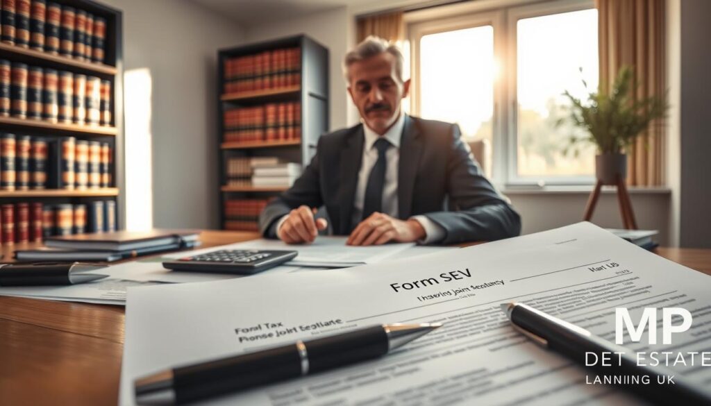 A professional attorney in a well-lit office setting, seated at a modern desk scattered with legal documents and a calculator, representing the tax implications of severing joint tenancy in the UK. In the foreground, a detailed close-up of a legal document titled "Form SEV" is partially visible, with a pen resting on it. The middle ground includes a bookshelf filled with law books and tax guides, highlighting a sense of authority and expertise. The background features a large window with soft sunlight streaming in, casting a warm glow across the scene. The atmosphere conveys a focused, serious mood, emphasizing planning and protection. Include a subtle branding element in the corner for "MP Estate Planning UK" without any text overlays.