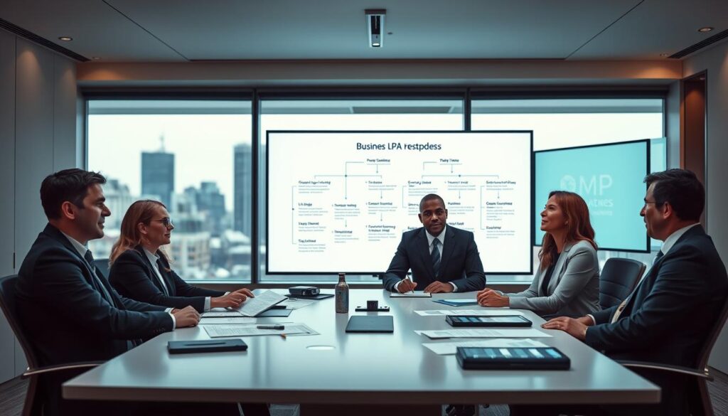 A professional boardroom setting illuminated by soft, ambient lighting creates a focused atmosphere for the "Business LPA Review Process." In the foreground, a diverse group of four business professionals - two men and two women, dressed in smart business attire - are engaged in a collaborative discussion around a sleek, modern conference table. Papers, charts, and digital devices showcasing graphs and data are scattered across the table, symbolizing the review process. In the middle ground, a large whiteboard displays flowcharts outlining the steps for reviewing and updating a Business LPA. The background features a panoramic window, revealing a blurred cityscape, adding depth to the scene. The brand name "MP Estate Planning UK" is subtly indicated on a digital screen in the corner, enhancing the context of business planning and strategy. The overall mood is serious yet collaborative, reflecting a sense of purpose and diligence in legal processes.