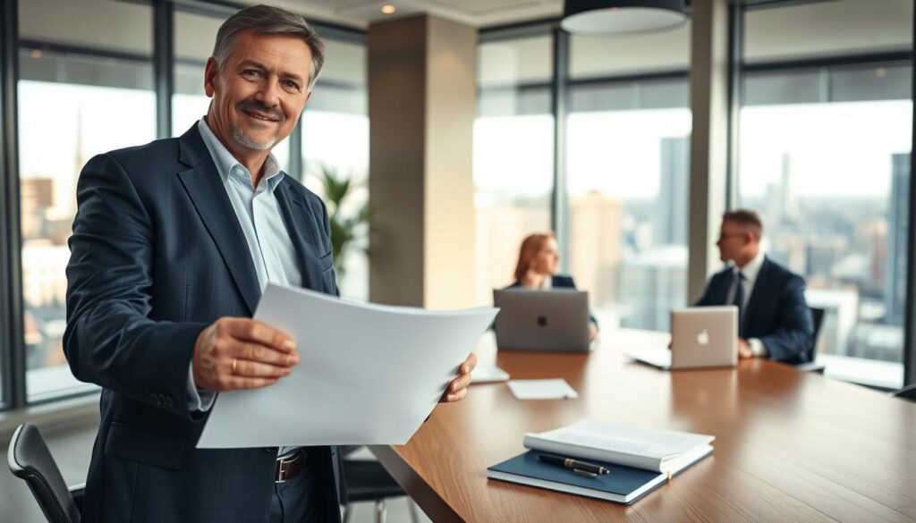 A professional business attorney in a modern office setting, engaged in a consultation. The foreground features a confident, middle-aged man in a tailored navy suit, holding a document and looking at the viewer with an approachable expression. In the middle ground, a wooden conference table adorned with legal papers, a laptop, and a sophisticated pen. The background highlights large windows allowing natural light to flood the space, revealing a city skyline. Soft, warm lighting creates an inviting atmosphere, while the overall mood reflects professionalism and trust. The logo "MP Estate Planning UK" subtly placed on a notebook on the table. Capture this scene from a slightly elevated angle, focusing on the attorney and the elements that emphasize the importance of business LPAs.