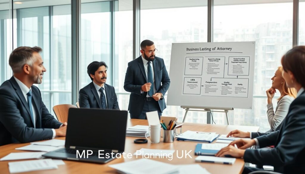 A professional business meeting scene depicting the key features of Business Lasting Power of Attorney (LPA). In the foreground, a diverse group of three business professionals, dressed in formal attire, engaged in an animated discussion around a conference table filled with documents and a laptop showing a digital presentation of LPA features. In the middle ground, a whiteboard displays diagrams illustrating decision-making authority, financial management, and health care preferences. The background features a modern office environment with large windows allowing natural light to flood in, creating a bright and inviting atmosphere. The image captures a sense of collaboration, professionalism, and security. Include the brand name "MP Estate Planning UK" subtly integrated into the conference materials on the table.