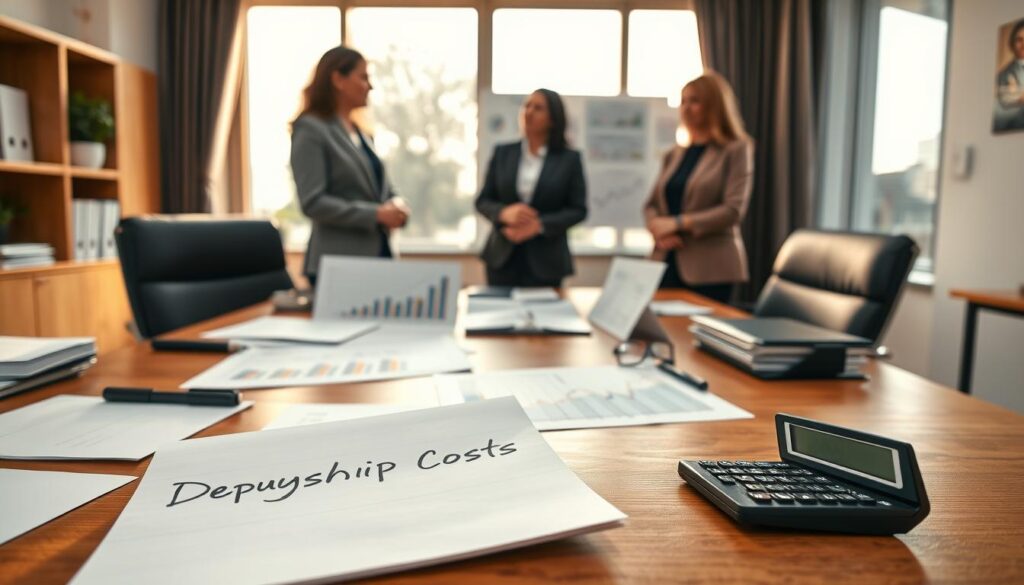 A professional business setting depicting a well-organized office space with a large wooden desk in the foreground, cluttered with important documents, a calculator, and a notepad titled "Deputyship Costs" in neat handwriting. In the middle ground, a diverse group of three individuals, dressed in smart business attire, engaged in deep discussion, surrounded by charts and financial graphs that illustrate budgeting concepts. In the background, a large window allows natural light to flood in, casting a warm glow over the scene. The atmosphere conveys a sense of determination and seriousness, emphasizing the importance of planning for deputyship costs. Include a subtle brand logo for "MP Estate Planning UK" on a document on the desk.
