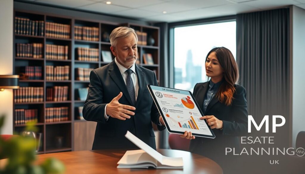 A professional business setting featuring a financial advisor and a couple discussing life insurance options. In the foreground, the advisor, a middle-aged man in a tailored suit, gestures towards a detailed infographic on a tablet that illustrates strategies to minimize inheritance tax. The couple, dressed in business casual clothing, listens attentively, with expressions of interest and concern. In the middle, a stylish office backdrop includes bookshelves filled with law and finance books, and a large window revealing a skyline view. The lighting is warm and inviting, creating a focused yet relaxed atmosphere. In the background, a softly blurred logo of "MP Estate Planning UK" is subtly incorporated. The overall mood is serious yet approachable, emphasizing the importance of financial planning.