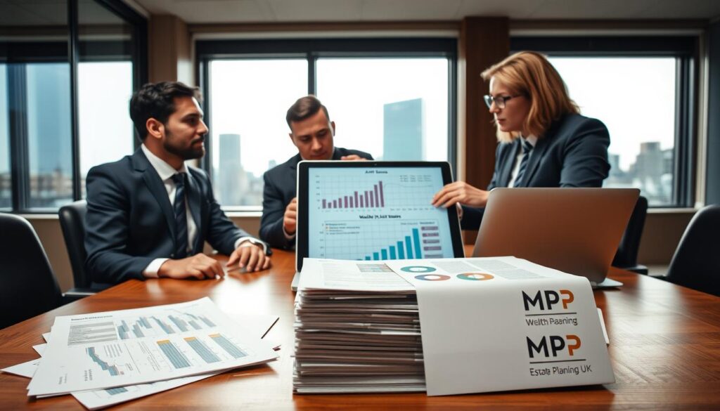A professional business setting focusing on wealth preservation, featuring a diverse group of three individuals in smart business attire, engaged in a serious discussion around a wooden conference table. In the foreground, a carefully arranged stack of financial reports and charts related to AIM shares. The middle ground showcases the individuals drawing attention to a laptop displaying graphs indicating wealth growth and tax relief benefits. The background includes a large window with natural light streaming in, highlighting a cityscape view, symbolizing opportunity. Soft, warm lighting creates an inviting atmosphere, and the overall mood is focused and collaborative. A subtle brand display of "MP Estate Planning UK" on a nearby document adds a professional touch.