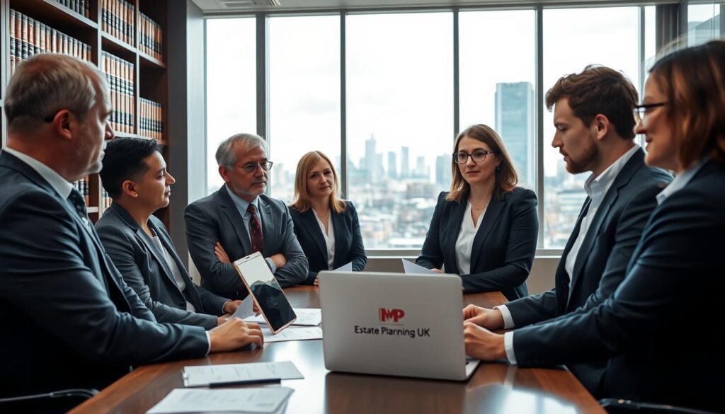 A professional business setting illustrating the importance of Business Lasting Powers of Attorney (LPAs) in the UK. In the foreground, a diverse group of four business professionals in smart attire (two men and two women) are engaged in a serious discussion over a conference table with documents and a laptop displaying the logo "MP Estate Planning UK". The middle ground features a large window with natural light streaming in, illuminating a modern office space lined with bookshelves filled with legal texts. In the background, a city skyline can be seen, suggesting a dynamic business environment. The mood is serious yet collaborative, highlighting the significance of making informed decisions about business continuity. Capture the scene with a slight depth of field to emphasize the professionals while softly blurring the exterior view.