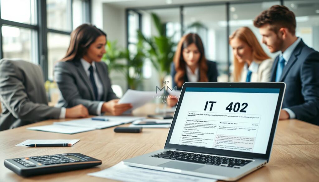 A professional business setting illustrating the process of claiming the transferable nil rate band in the UK. In the foreground, a diverse group of four individuals dressed in smart business attire are engaged in a discussion at a conference table, analyzing documents and financial charts. The middle ground features an open laptop displaying the IHT402 form, surrounded by calculators and notes. In the background, a light-filled office with green plants and large windows suggests a productive atmosphere. Soft, natural lighting creates a warm mood, while a shallow depth of field draws focus to the group. The brand "MP Estate Planning UK" subtly appears on the laptop screen, emphasizing the professionalism of estate planning.