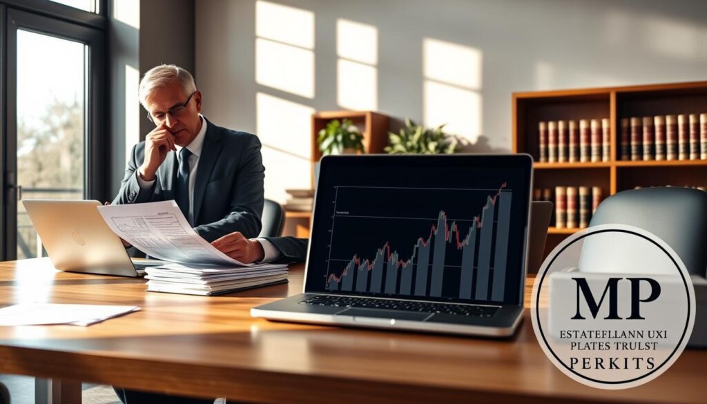 A professional business setting showcasing the concept of "UK trust financing options." In the foreground, a sleek wooden desk with neatly stacked papers and a laptop displaying financial graphs. To the left, a middle-aged professional in smart business attire thoughtfully reviewing documents, with an expression of focus. In the middle ground, a sophisticated office environment featuring large windows that let in natural light, casting soft shadows across the room. The background includes a bookshelf filled with law and finance books, and a potted plant for a touch of greenery. The atmosphere is serious and contemplative, conveying the risks and considerations of loans to trusts. Add a subtle overlay graphic representing financial charts and an emblem for "MP Estate Planning UK" in the corner, without text.