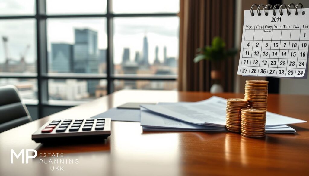 A professional business setting showcasing the concept of interest rates related to delayed inheritance tax payments in the UK. In the foreground, a calculator and financial documents are arranged neatly on a polished wooden desk. The middle ground features a modern office window with a view of London’s skyline, suggesting a sense of financial importance. Soft, diffused natural light filters through the window, creating a calm and focused atmosphere. The background includes blurred images of stacks of coins and a calendar marked with important tax dates, emphasizing time and money. The brand "MP Estate Planning UK" subtly integrated in the corner of the image. The overall mood is serious and informative, ideal for an article section about financial responsibilities.