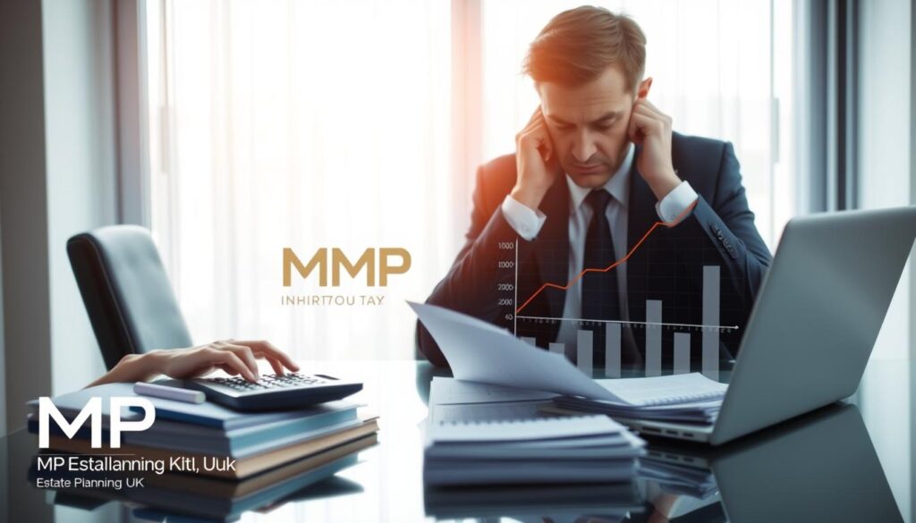A professional business setting with a focus on inheritance tax late payment charges. In the foreground, a concerned individual in formal business attire checks financial documents, showing a calculator, stacks of paperwork, and a calendar marked with late dates. The middle ground features an elegant office desk with a sleek laptop displaying a graph indicating rising interest rates, symbolizing the penalties associated with late payments. The background includes a large window through which soft, natural light illuminates the scene, creating a calm yet tense atmosphere. The overall mood conveys urgency and the importance of managing financial obligations, underscoring the theme of financial responsibility. Include an overlay of the brand name "MP Estate Planning UK" subtly integrated into the design, maintaining a professional aesthetic.