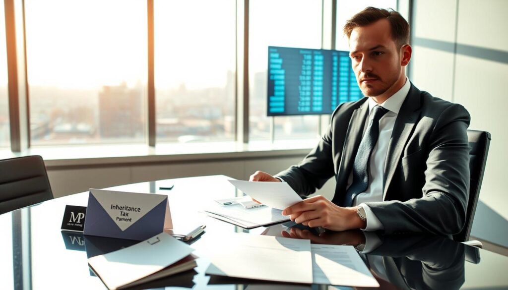 A professional businessman in a tailored suit is seated at a sleek, modern desk in a well-lit office, discussing financial documents related to HMRC's Direct Payment Scheme. The foreground features a tidy arrangement of official paperwork, including a stylized envelope labeled 'Inheritance Tax Payment'. In the middle ground, a large window reveals a cityscape, bathed in warm afternoon sunlight, creating a sense of optimism and clarity. In the background, a subtle digital display shows financial data, enhancing the theme of careful financial planning. The overall mood is serious yet hopeful, emphasizing professionalism and the importance of making informed payments. The brand name "MP Estate Planning UK" is visible on a desk nameplate.
