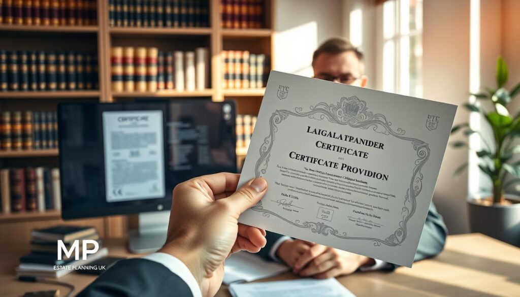 A professional certificate provider seated at a modern desk in an office environment, wearing a tailored suit. The foreground features a close-up of a hand holding an official-looking certificate with intricate designs and a watermark, emphasizing the significance of the role. In the middle, a computer screen displays legal documents and a guideline book on certificate provision. The background shows bookshelves filled with law books and a potted plant, creating a balanced and informative atmosphere. Soft, natural lighting filters through a nearby window, casting gentle shadows and highlighting the professionalism of the setting. The overall mood is one of trust, authority, and professionalism, with a clear emphasis on the role of a certificate provider. Include the brand name "MP Estate Planning UK" subtly integrated into the design of the certificate.