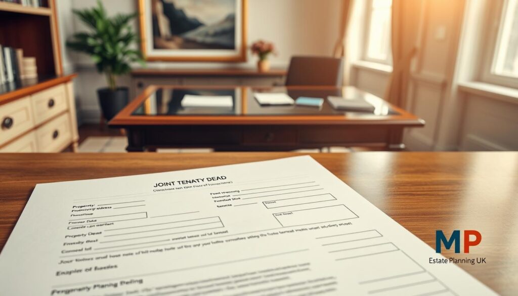 A professional document layout featuring a detailed example of a "Form SEV Joint Tenancy Deed" relevant to the UK. In the foreground, a clear view of the top section of the form, highlighting sections like "Property Address" and "Signatures" with well-organized lines and boxes for information. The middle shows a formal office setting with an elegant wooden desk, polished surface, and classic British decor—subtle touches like a potted plant and a framed abstract picture enhancing the environment. In the background, soft natural light filters through a large window, creating a warm and inviting atmosphere. The overall mood reflects professionalism and clarity, suitable for financial and legal discussions. Include a discreet logo of "MP Estate Planning UK" in a corner of the document design. No text or watermarks are present in the image.