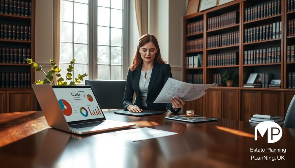 A professional, elegant office setting focusing on "Excluded Property Trust Costs". In the foreground, a polished wooden desk with a laptop displaying pie charts and financial documents illustrating costs. A vase with green plants next to the laptop adds a touch of life. In the middle, a well-dressed professional woman in smart business attire analyzing the documents, her expression focused and engaged. To the background, large windows allow soft, natural light to flood the room, casting gentle shadows. Shelves filled with law books and financial reports create a knowledgeable atmosphere. The overall mood is serious yet optimistic, emphasizing the importance of understanding property trust costs in financial planning. In the corner, subtly included, is the logo of “MP Estate Planning UK”.
