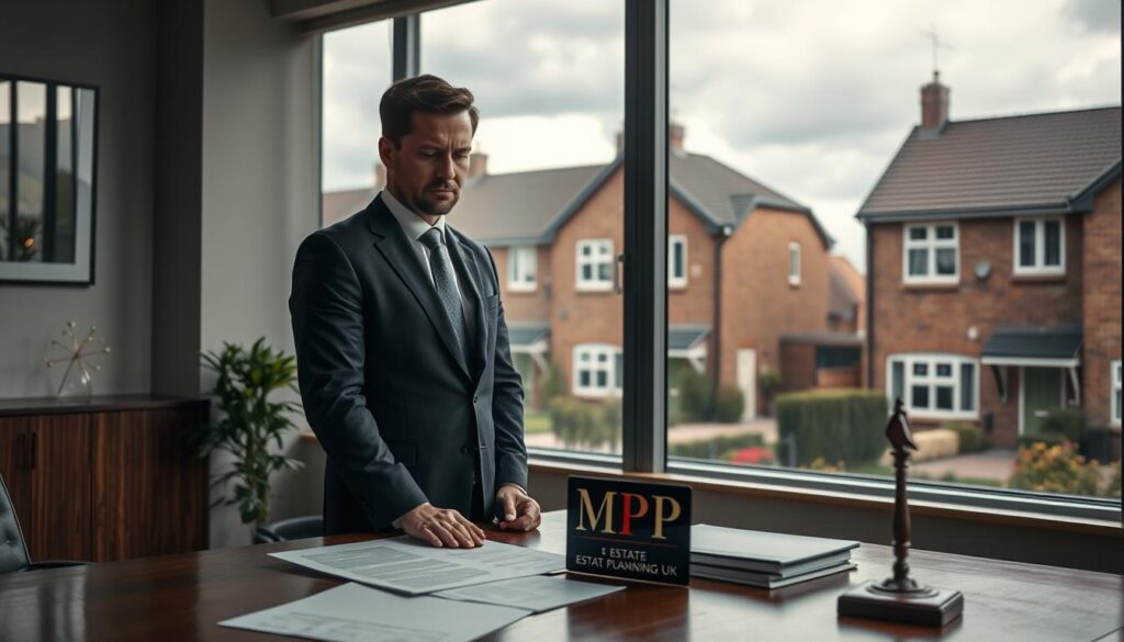 A professional executor in a smart, tailored suit stands confidently in a modern office space, looking over legal documents spread across a polished wooden desk. Behind him, a large window reveals a tranquil British neighborhood, featuring classic brick homes under a cloudy sky. The atmosphere conveys tension and gravity, with soft, focused lighting highlighting the executor's determined expression. An air of uncertainty hangs in the room, as shadows loom subtly, hinting at the complex legal consequences of his decisions. A tasteful logo of "MP Estate Planning UK" is subtly placed on the desk, reinforcing the thematic focus on probate and estate sales. The overall image captures the dilemma of selling a house without beneficiary consent.